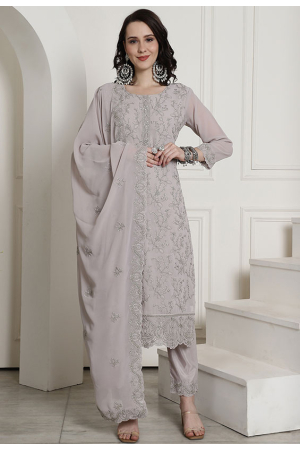 Grey Georgette Embroidered Party Wear Suit