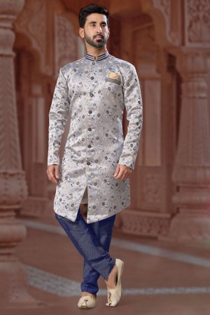 Grey Heavy Wedding Wear Indo Sherwani