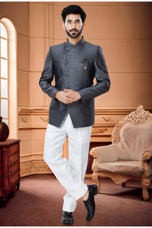 Grey Jacquard Jodhpuri Suit