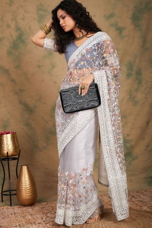 Grey Net Party Wear Saree