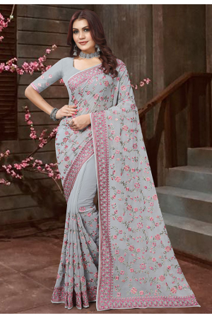 Grey Resham Embroidered Georgette Saree