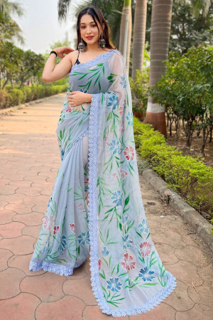 Grey Shimmer Hand Printed Party Wear Saree