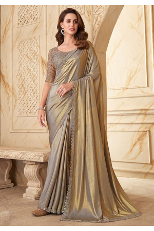 Grey Shimmer Silk Saree with Embroidered Blouse