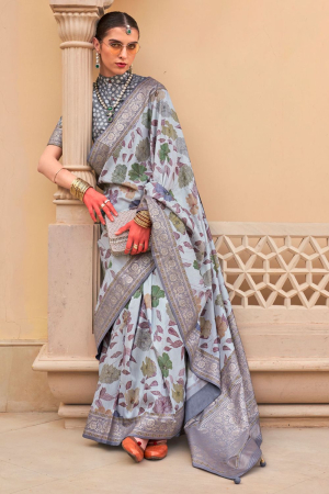Grey Silk Floral Printed Saree