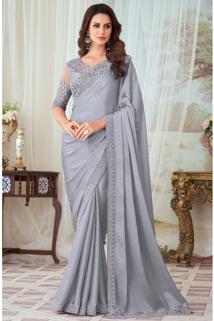 Grey Silk Saree with Embroidered Blouse