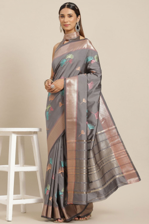 Grey Soft Cotton Silk With Colourful Thread Embroidery Work Party Wear Saree