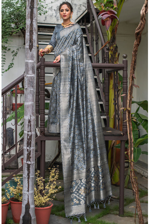 Grey Tussar Silk Zari Woven Saree