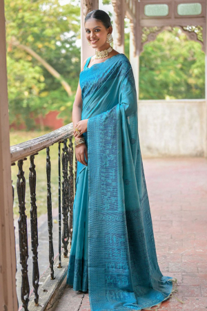 Azure Blue Woven Handloom Raw Silk Saree