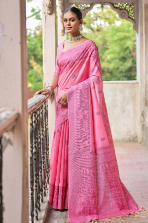 Cherry Pink Woven Handloom Raw Silk Saree