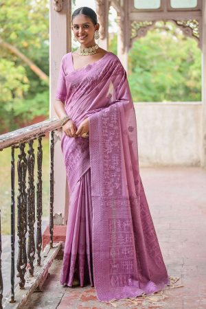 Lilac Pink Woven Handloom Raw Silk Saree