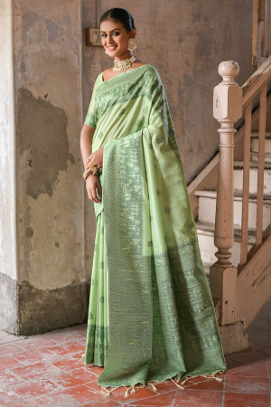 Pistachio Green Woven Handloom Raw Silk Saree