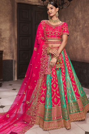 Hot Pink and Sea Green Embroidered Banarasi Silk Designer Bridal Lehenga Set
