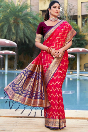 Hot Pink Banarasi Silk Woven Saree