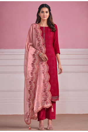 Hot Pink Chikankari Embroidered Trouser Kameez Suit