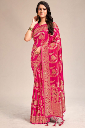 Hot Pink Embellished Banarasi Silk Saree