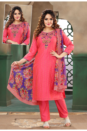 Hot Pink Embroidered Chanderi Silk Pant Kameez
