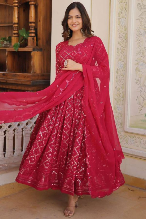 Hot Pink Embroidered Georgette Gown with Dupatta