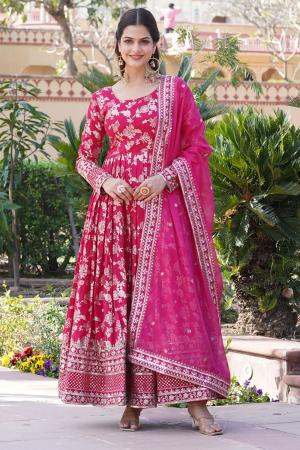 Hot Pink Embroidered Viscose Jacquard Gown with Dupatta