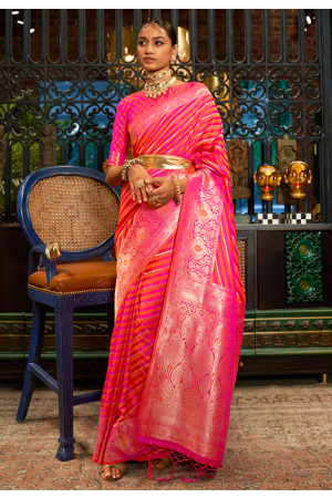 Hot Pink Handloom Weaving Pure Satin Saree