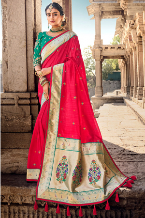 Hot Pink Khatli Work Silk Designer Saree