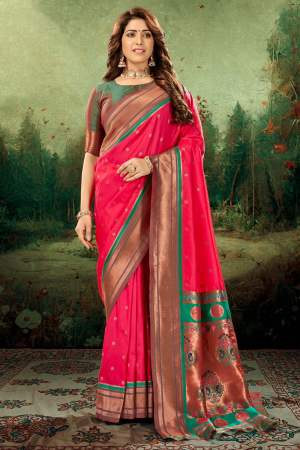 Hot Pink Paithani Silk Zari Woven Saree