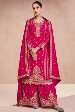 Hot Pink Premium Silk Designer Palazzo Kameez Suit