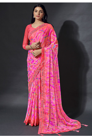 Hot Pink Printed Chiffon Saree