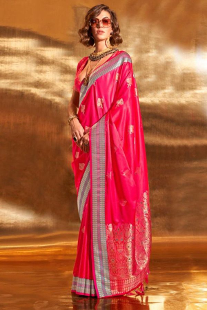 Hot Pink Pure Satin Chaap Handloom Silk Saree