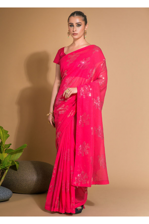 Hot Pink Sequined Georgette Saree
