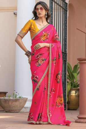 Hot Pink Viscose Saree with Embroidered Blouse
