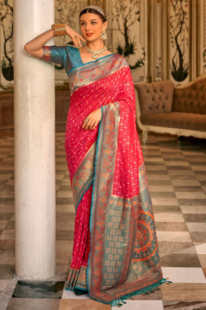 Hot Pink Woven Banarasi Silk Saree