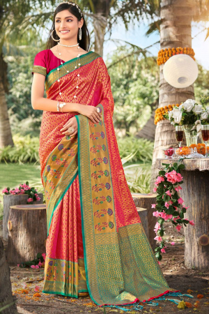 Hot Pink Woven Banarasi Silk Saree