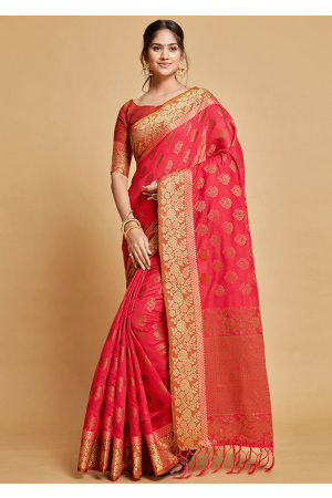 Hot Pink Woven Chanderi Cotton Saree