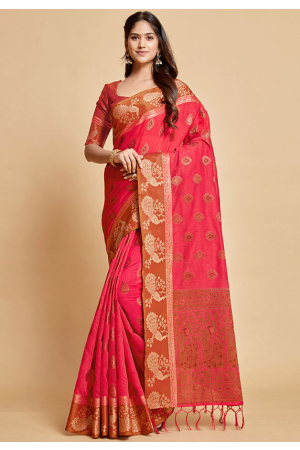 Hot Pink Woven Chanderi Cotton Saree