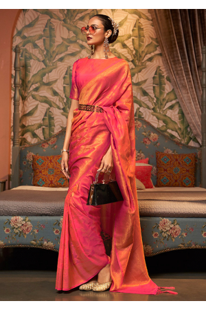 Hot Pink Woven Chinnon Silk Saree