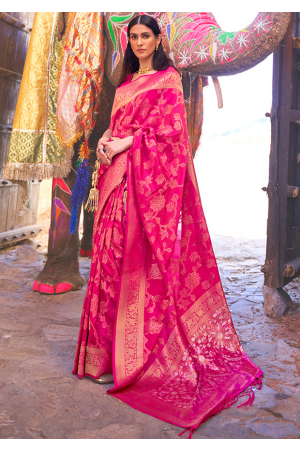 Hot Pink Woven Handloom Silk Saree
