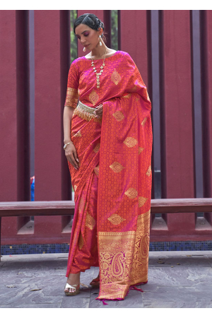 Hot Pink Woven Satin Silk Saree