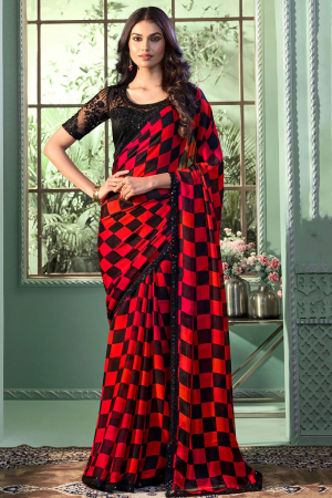 Hot Red and Black Chiffon Saree with Embroidered Blouse