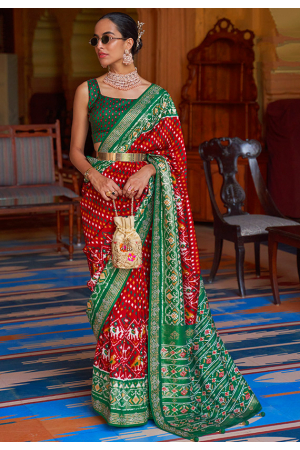 Hot Red and Emerald Green Designer Patola Silk Saree