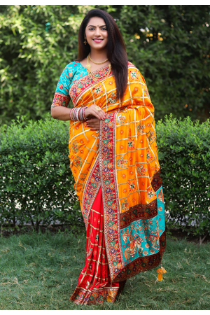 Hot Red and Golden Yellow Embroidered Silk Saree