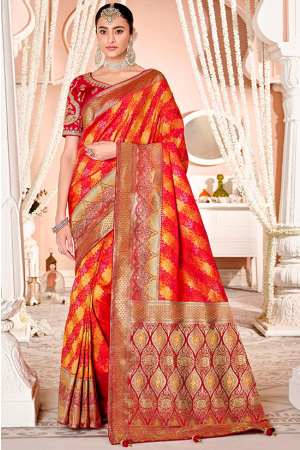 Hot Red and Yellow Designer Silk Saree with Embroidered Blouse