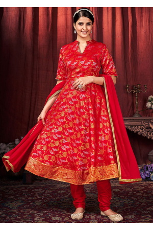 Hot Red Art Silk Readymade Churidar Kameez