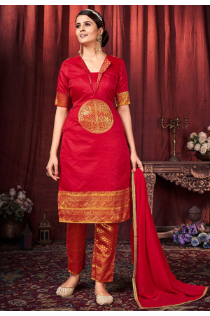 Hot Red Art Silk Readymade Pant Kameez