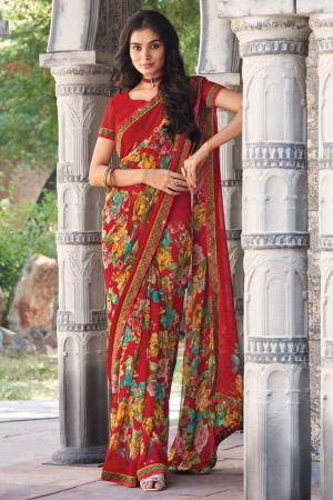 Hot Red Casual Wear Georgette Saree