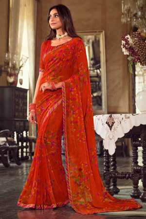 Hot Red Casual Wear Georgette Saree