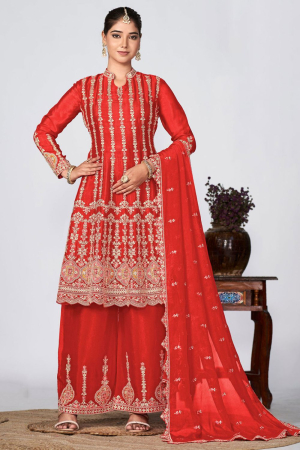 Hot Red Embroidered Chinnon Designer Palazzo Kameez