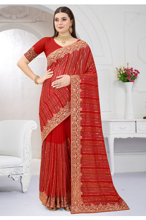 Hot Red Embroidered Georgette Saree