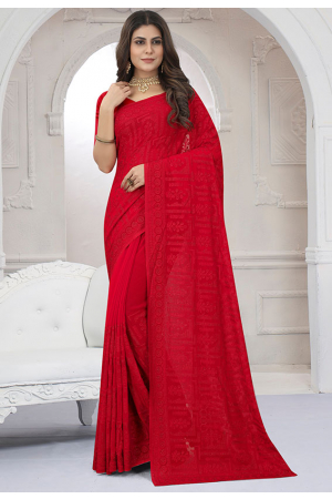 Hot Red Embroidered Georgette Saree