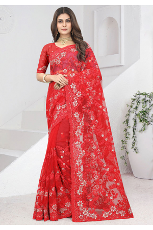 Hot Red Embroidered Net Saree