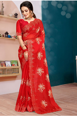 Hot Red Embroidered Organza Silk Saree